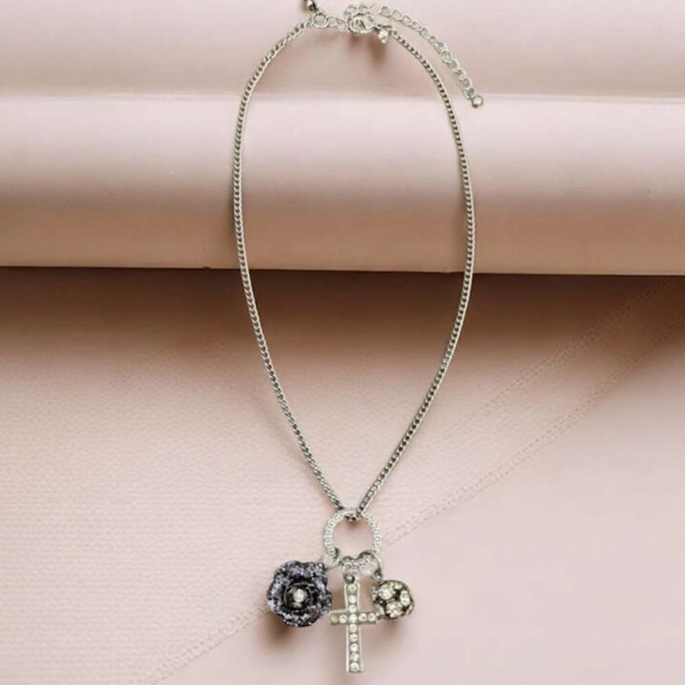 Vintage Cross Necklace Enamel Flower Beaded Ball Crystal Charms Silver Chain - Picture 3 of 12